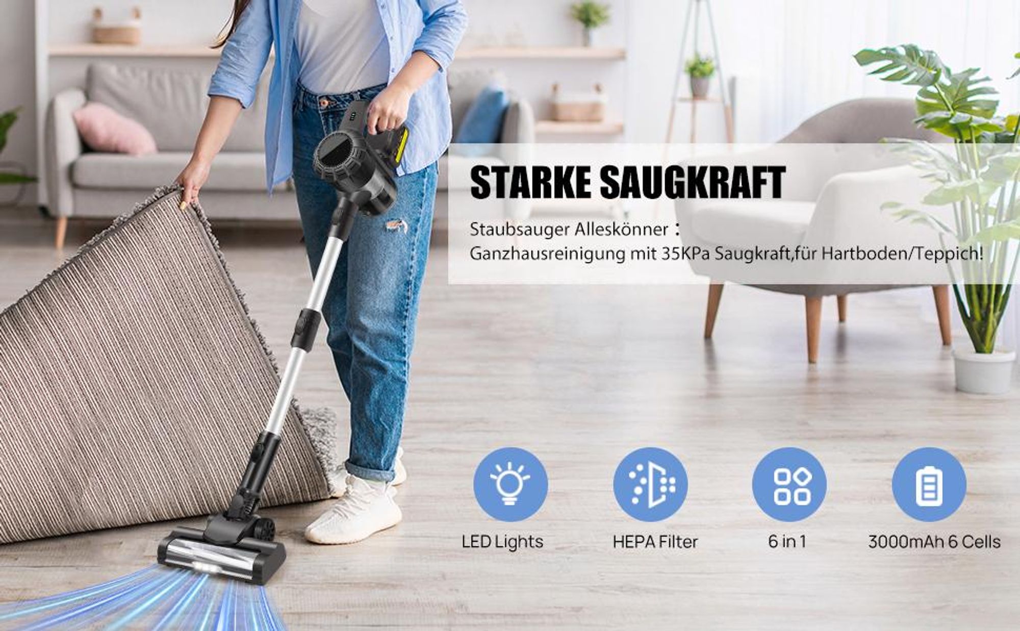 Akku Staubsauger, 360W 30000Pa Staubsauger Kabellos, Stielstaubsauger, 3-in-1 Handstaubsauger, Autostaubsauger