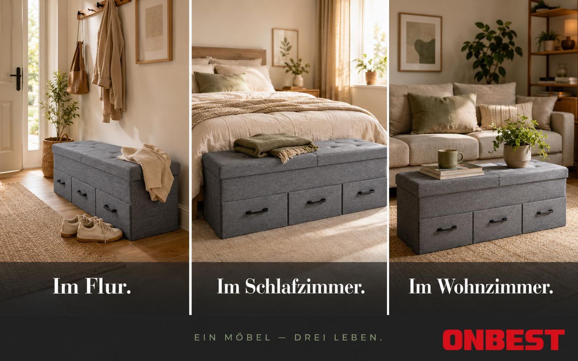 ONBEST Sitzbank mit Stauraum | 3 Schubladen | Grau | 110 kg | 110x40x36cm (BxHxT) | Leinenoptik | gepolstert | klappbarer Deckel