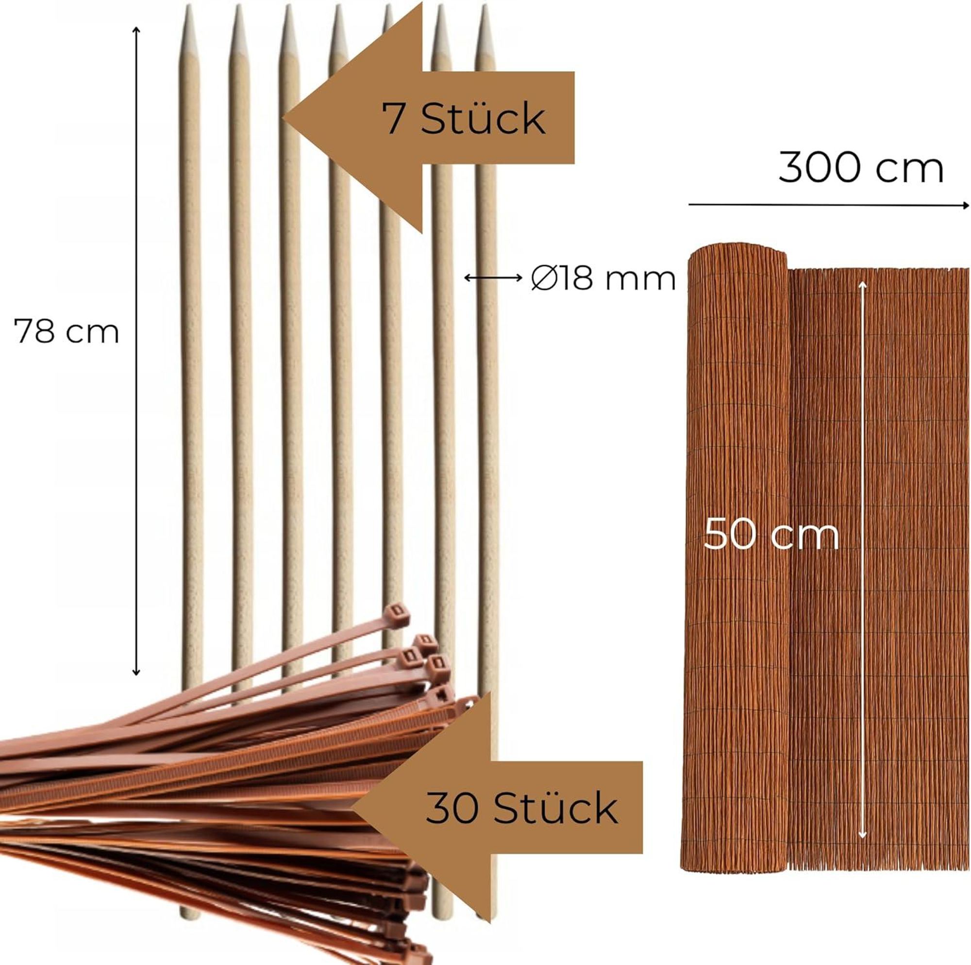 Set Weidenmatte 40x300 cm und 7 Stück Holzpfähle ⌀18 mm Länge 78 cm und 30 Stück Kabelbinder Weidezaun Zaunpfosten Holzpfosten Sichtschutz Garten