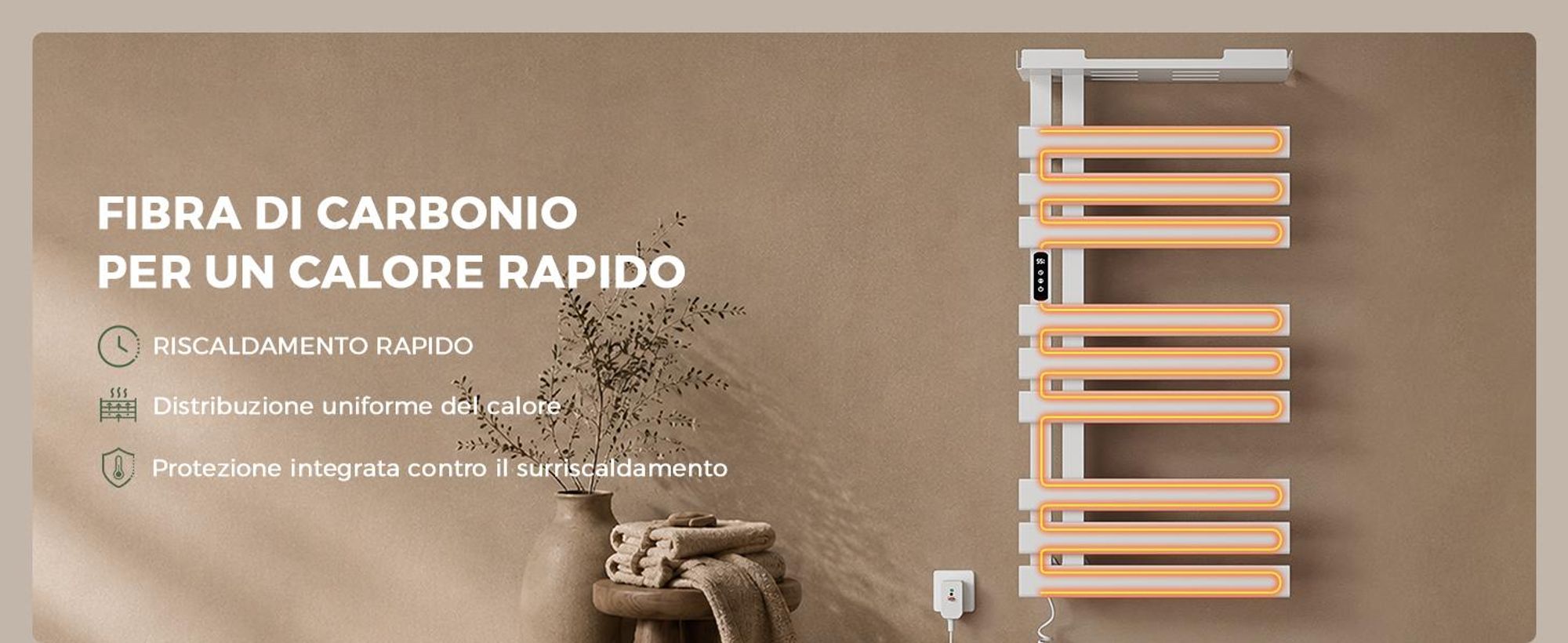S'AFIELINA Scaldasalviette Elettrico con Ripiano 1050×500 mm 335 W Bianco,Termoarredo WiFi, Riscaldamento in Fibra di Carbonio, 6 Modalità