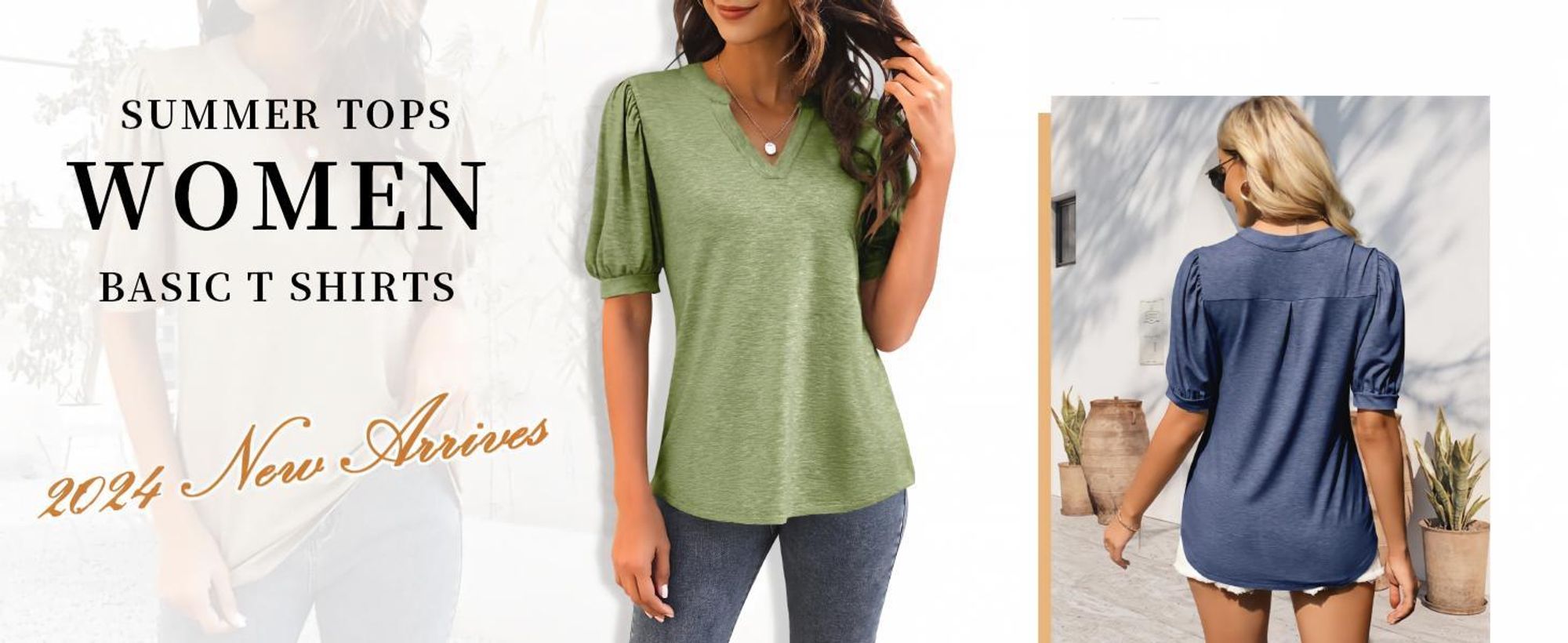 Damen-T-Shirt mit V-Ausschnitt – Lässige Puffärmel, locker und elegant