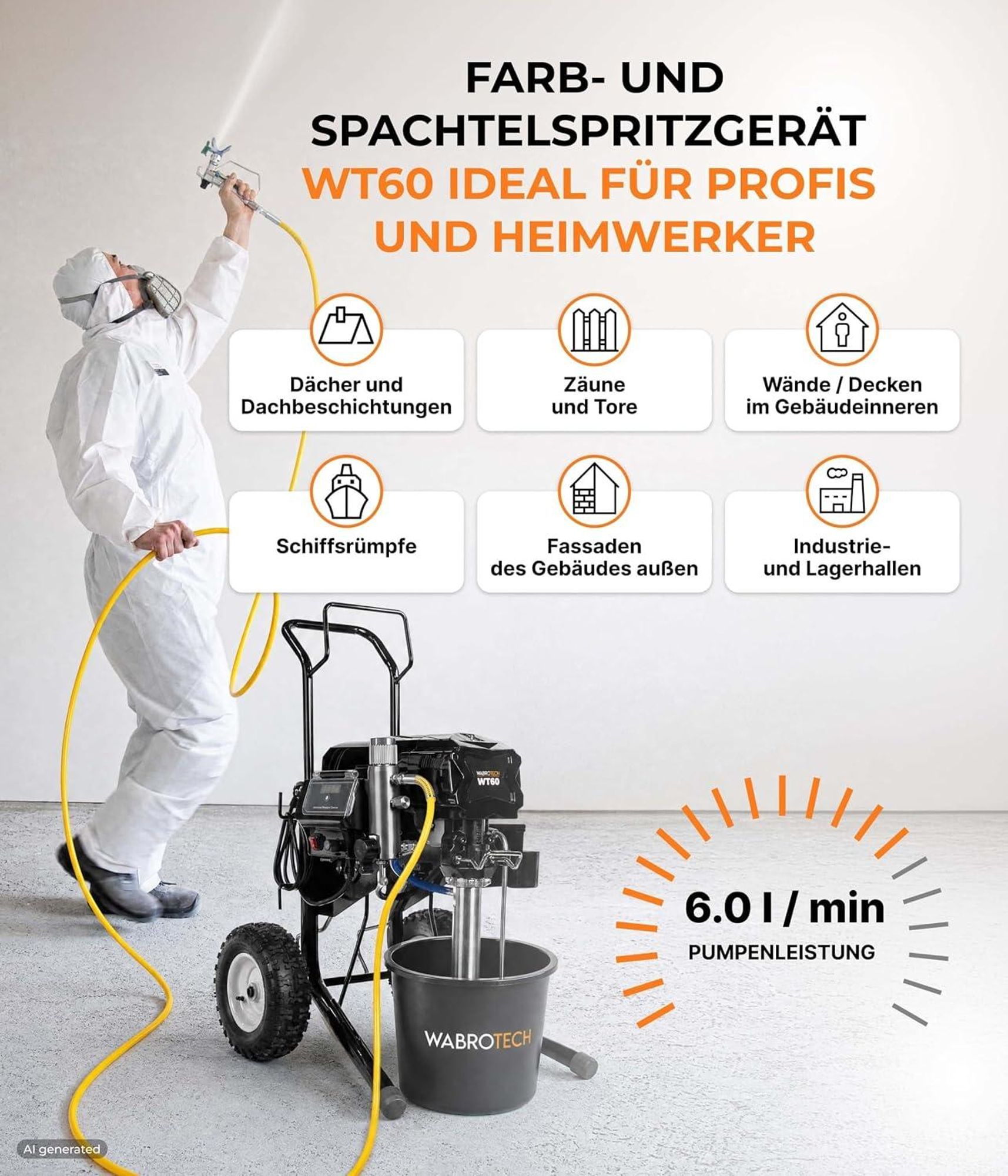 Airless Farbspritzgerät Spachtelspritzgerät WT60 3000W 6 L/min 227 bar Hochdruck Farbsprühsystem Spritzspachtelgerät für Wandfarbe und Spachtelmasse