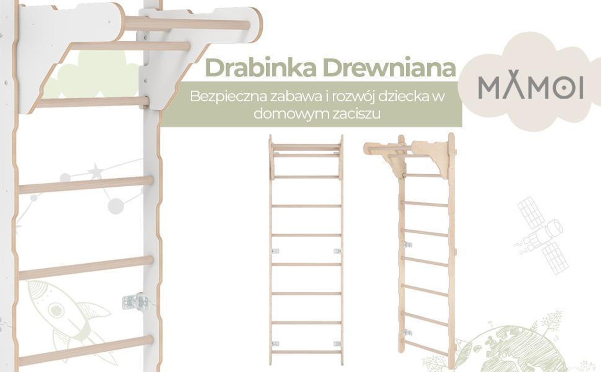 Drabinka gimnastyczna dziecięca (210 cm) | Drewniana drabinka naścienna | Drabinka do wspinaczki dla dzieci | Kółka gimnastyczne | Materac ochronny |