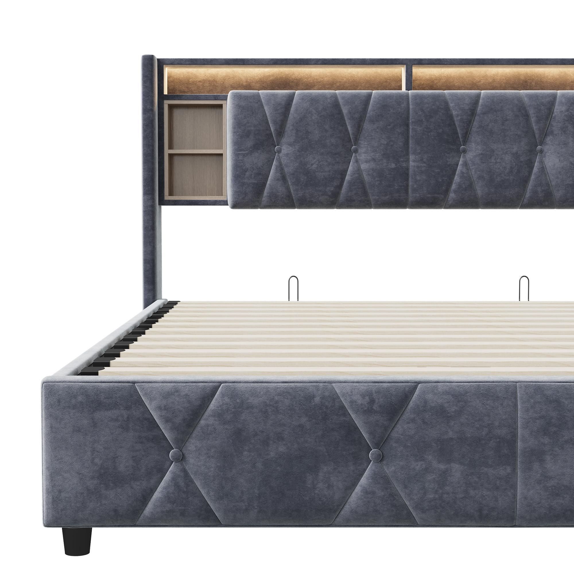 Fortuna Lai Polsterbett 140x200 cm, LED, USB & Typ-C, Stauraumbett mit Lattenrost, Samt, Grau