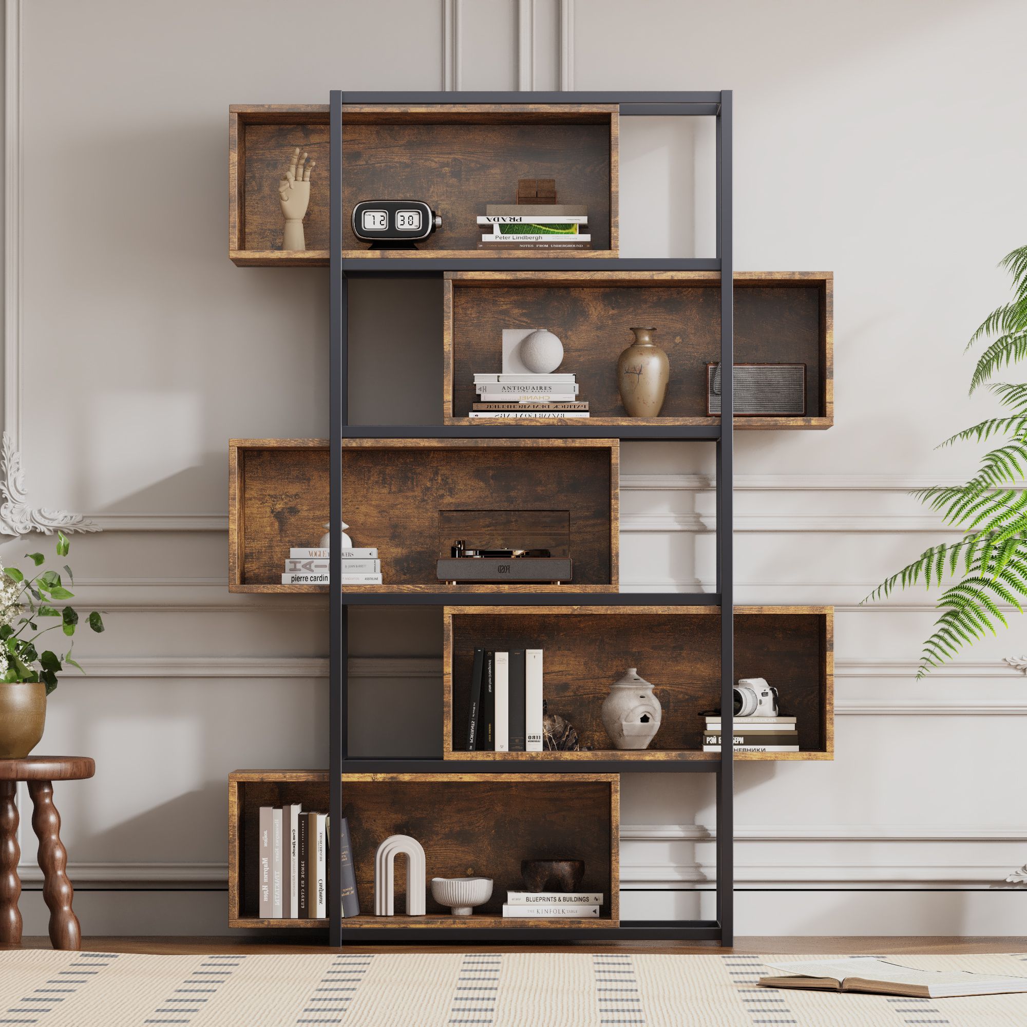 Flieks Bücherregal mit 5 Ebenen Vintage, industriell Lagerregal aus Holz, Standregal mit Stahlrahmen, freistehendes Regal für Wohnzimmer, braun