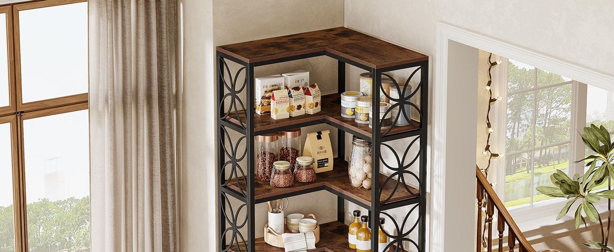 Tribesigns Bücherregal, 7-stöckiges hohes Eckbücherregal aus Holz mit Metallrahmen, freistehendes Eckregal Wohnzimmer, Küche, rustikales Braun Schwarz