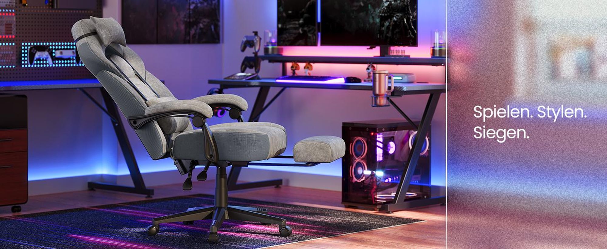 Ergonomischer Gamer-Sessel, Gaming-Stuhl, Bürostuhl, mit Teleskop-Fußstütze, verstellbare Kopfstütze, Lendenwirbelstütze