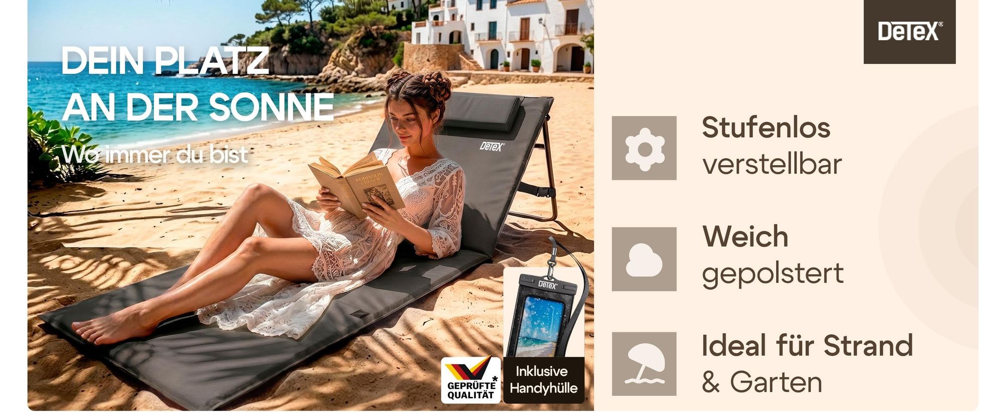 DETEX® Strandmatte mit Rückenlehne, gepolstert, faltbar, 2er-Set, Türkis