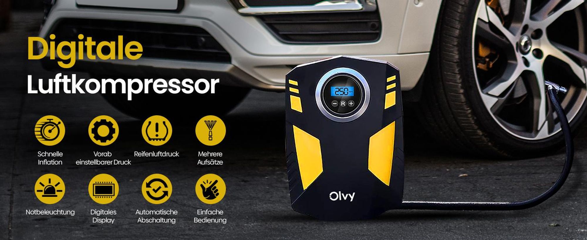 Olvy Luftkompressor Autoreifen 12V Netz, 10,3Bar Elektrische Luftpump, Digitaler Anzeige, LED-Leuchte Mini-Kompressor für Auto Fahrrad Bälle 4 Ventile