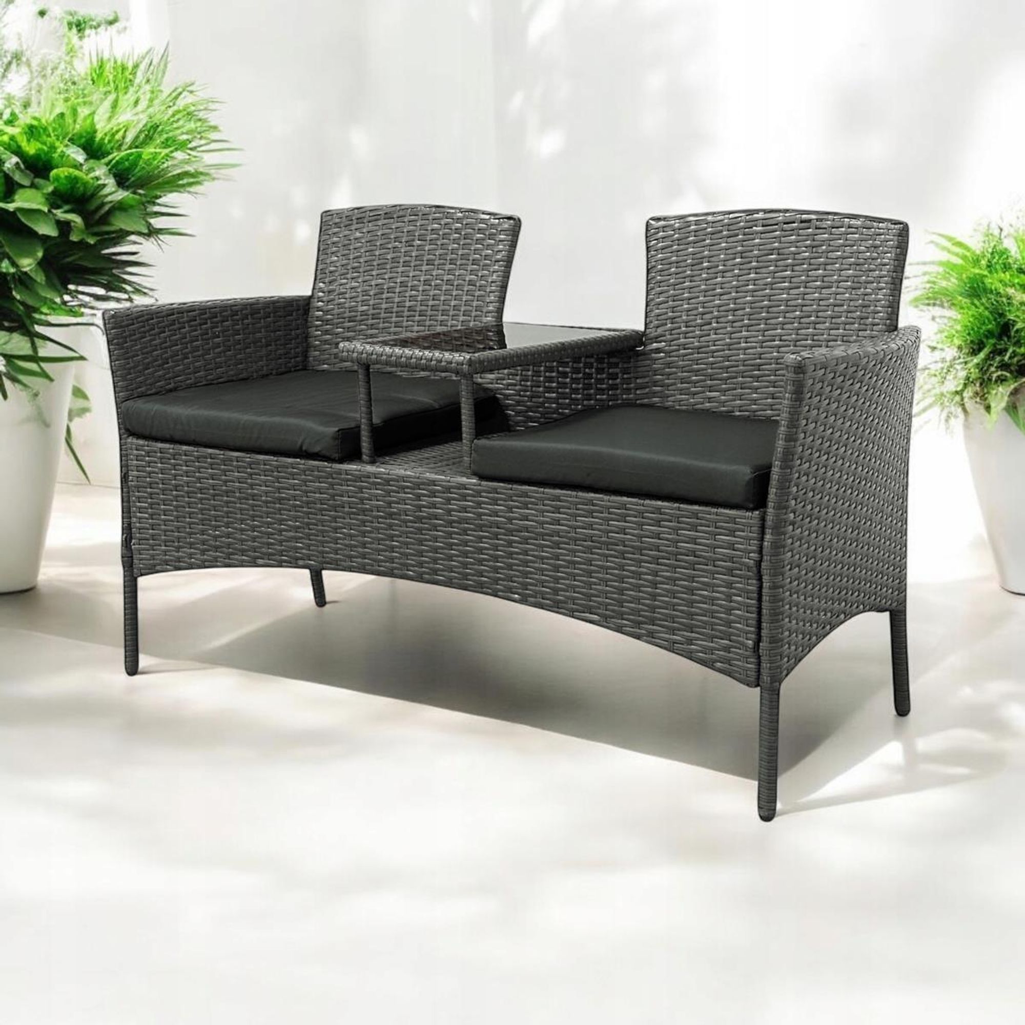 BETTSO Polyrattan Gartenbank ARNA 2-Sitzer Grau - Duo Gartensofa mit Tisch & Kissen Graphit - Wetterfest & Platzsparend - Balkon & Terrasse - 140cm
