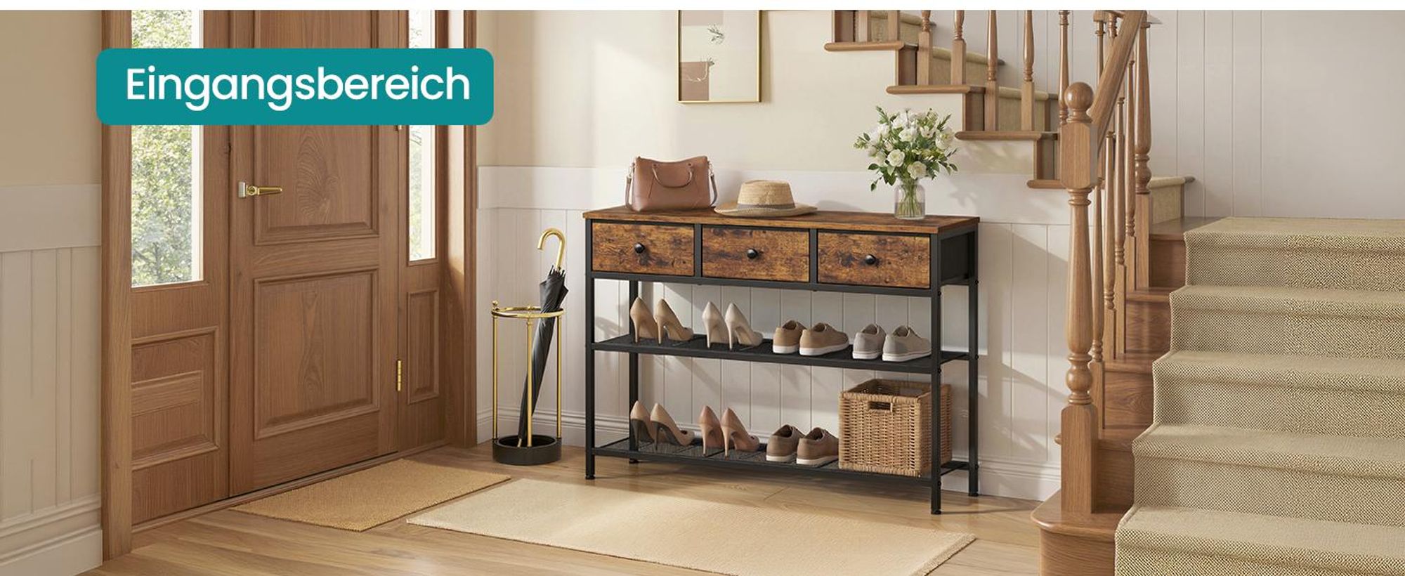 SONGMICS Konsolentisch, Beistelltisch mit 3 Stoffschubladen, schmaler Flurtisch, für Wohnzimmer, Metallrahmen, braun