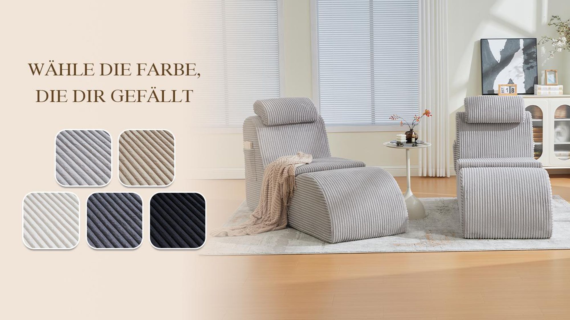 LVHOM Polsterliege mit abnehmbaren Kissen und Fußstütze, Chaiselongue Relaxliege mit Seitentasche, Liegesessel mit Schlafenfunktion, Cordstoff, Khaki
