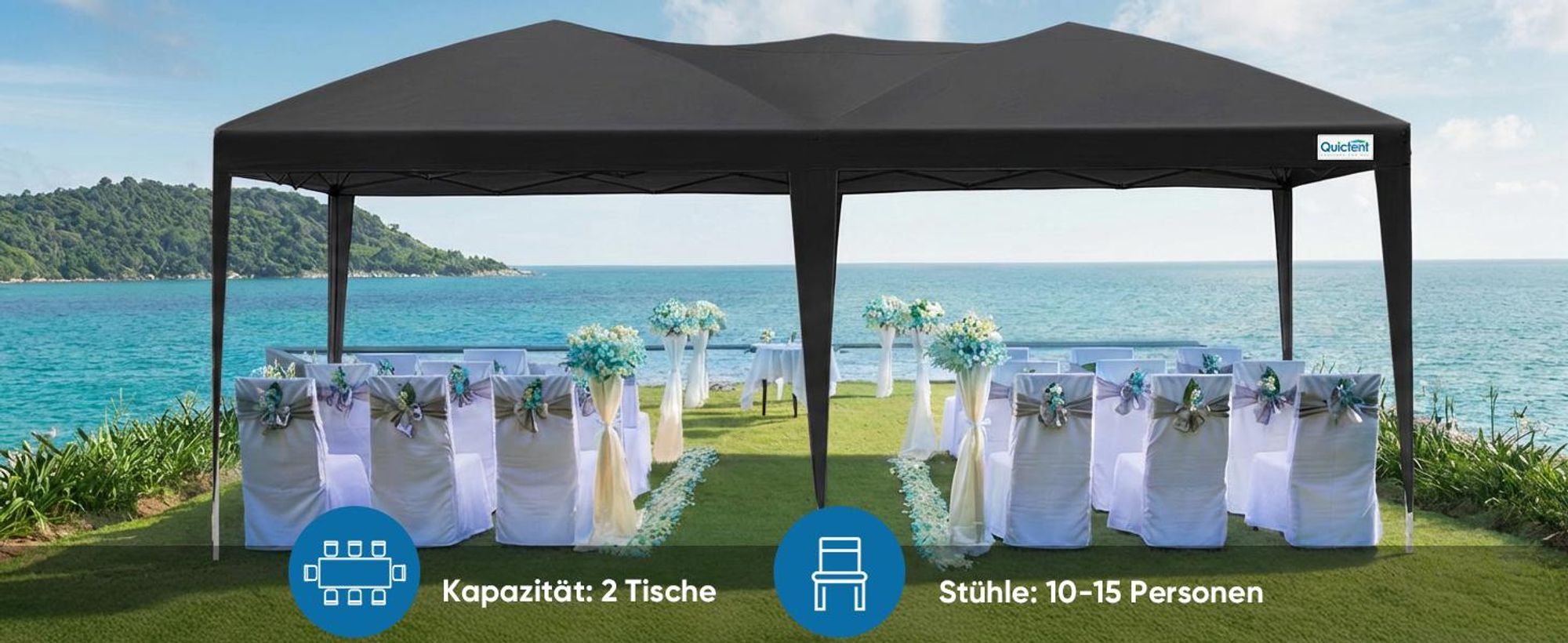 Quictent Faltpavillon 3x6m mit 6 Seitenteilen,Gartenpavillon mit Doppeln Entlüftung,Wasserdicht Stabil Pavillon mit 4 Sandsäcke & Rollentasche Schwarz