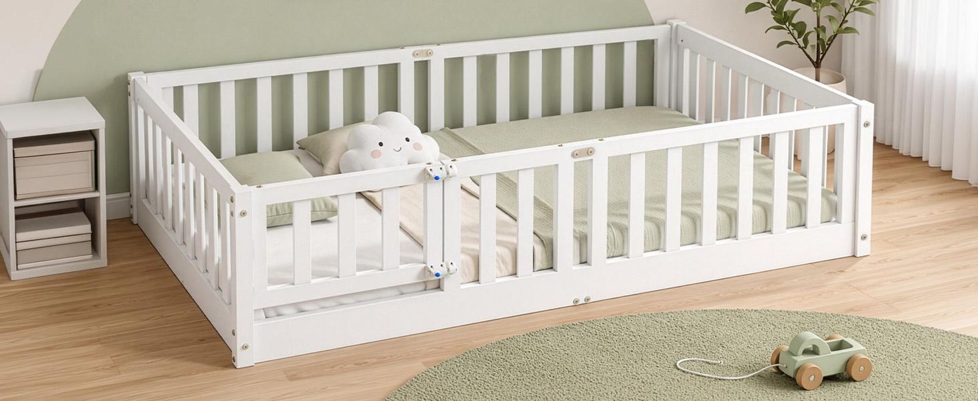 FCH Kinderbett mit Rausfallschutz & Lattenrost, 80x160cm, Montessori Bodenbett mit seitlichem Ausstieg, Einzelbett für Jugendzimmer, Weiß