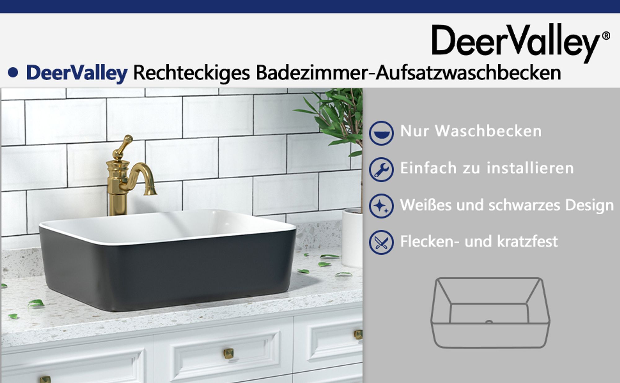 DeerValley DV-1V0001 Badezimmer-Waschbecken 48cm x 37cm Aufsatz-Waschbecken Rechteckiges Keramik-Waschbecken Schwarz und Weiß