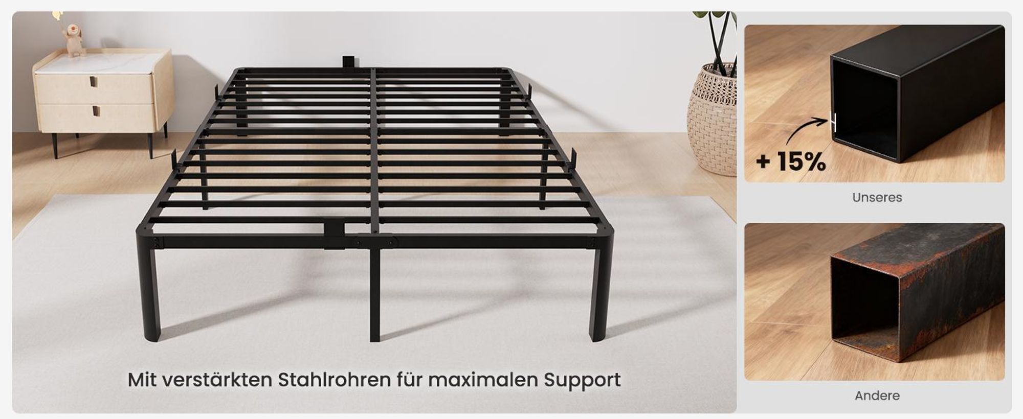 140 x 200 cm Bett , Bettgestell mit Stauraum, KUTAS Betten mit 14 Reihen Metalllamellen & fächerförmigen Füßen, Industriestil, bis 480 kg, Schwarz