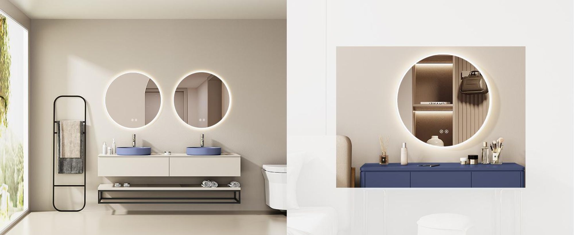 HOKOBadroom Specchio antiappannamento rotondo 60 cm con cornice+interruttore a sfioramento+cambio di luce Bianco caldo-bianco freddo-neutro La luce può essere accesa con l'interruttore a sfioramento e l'interruttore a parete