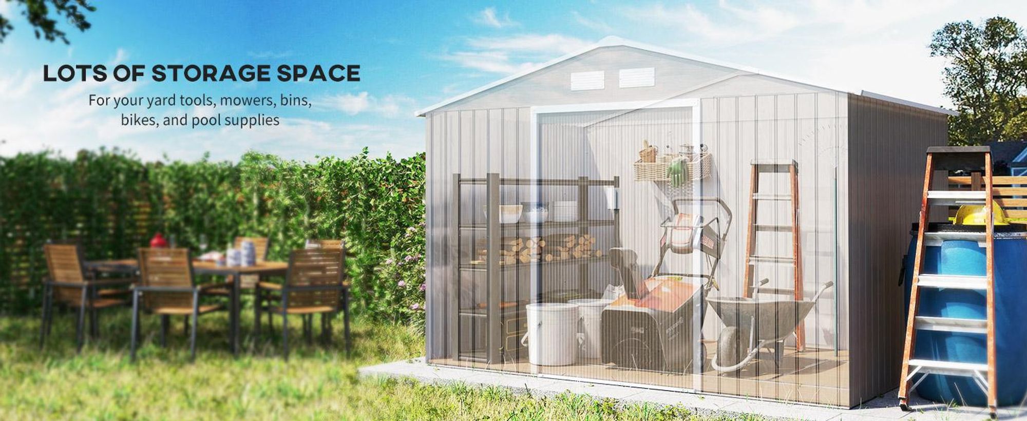 Domek ogrodowy Outsunny 4,9 m², z dachem dwuspadowym, drzwiami przesuwnymi, fundamentem, 277 x 195 x 192 cm, ocynkowany stalowy domek narzędziowy, odporny na warunki atmosferyczne, do ogrodu, brązowy