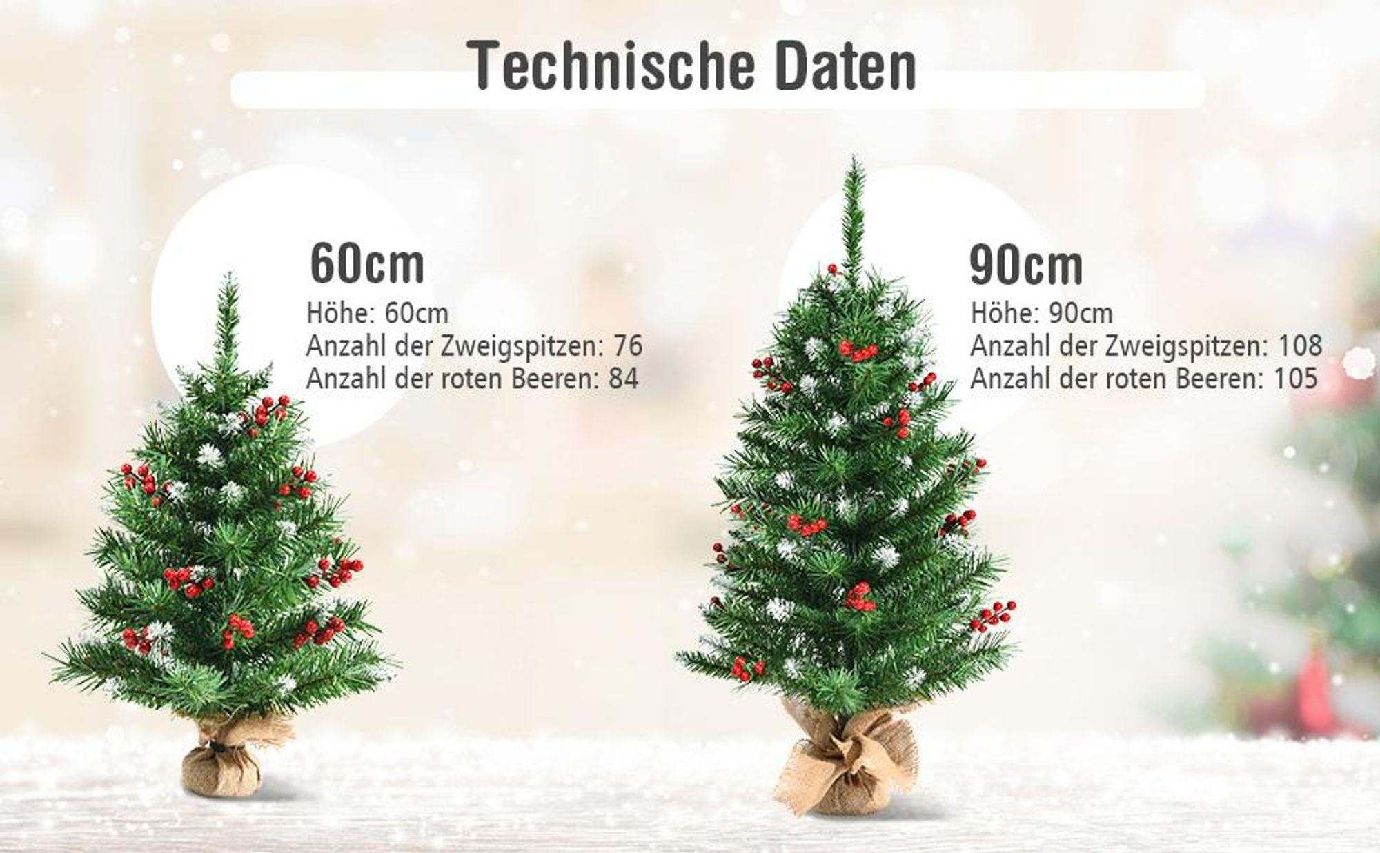 COSTWAY 60cm Kleiner Weihnachtsbaum, Mini Weihnachtsbaum mit 76/108 Zweigen, roten Beeren und Sockel, künstlicher Tisch Weihnachtsbaum für Haus Büro