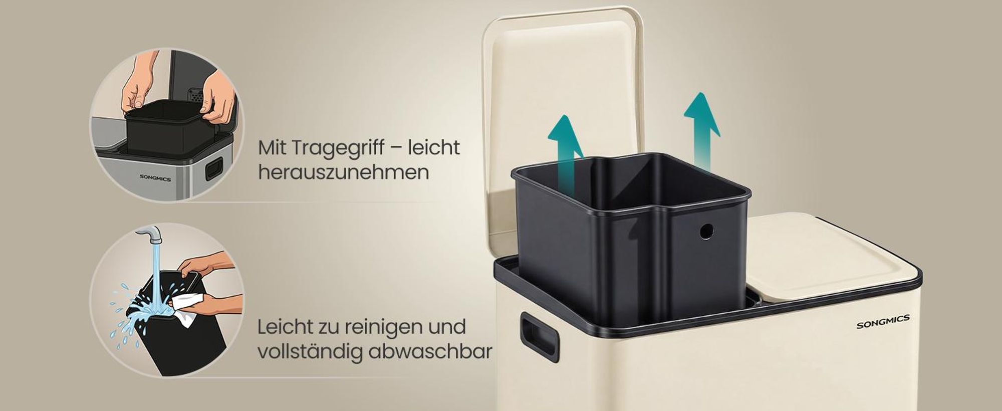 SONGMICS Mülleimer Küche, 2 x 30 Liter, 2 Fächer, Abfalleimer, Tretmülleimer, Softclose-Deckel, Stahl, creme
