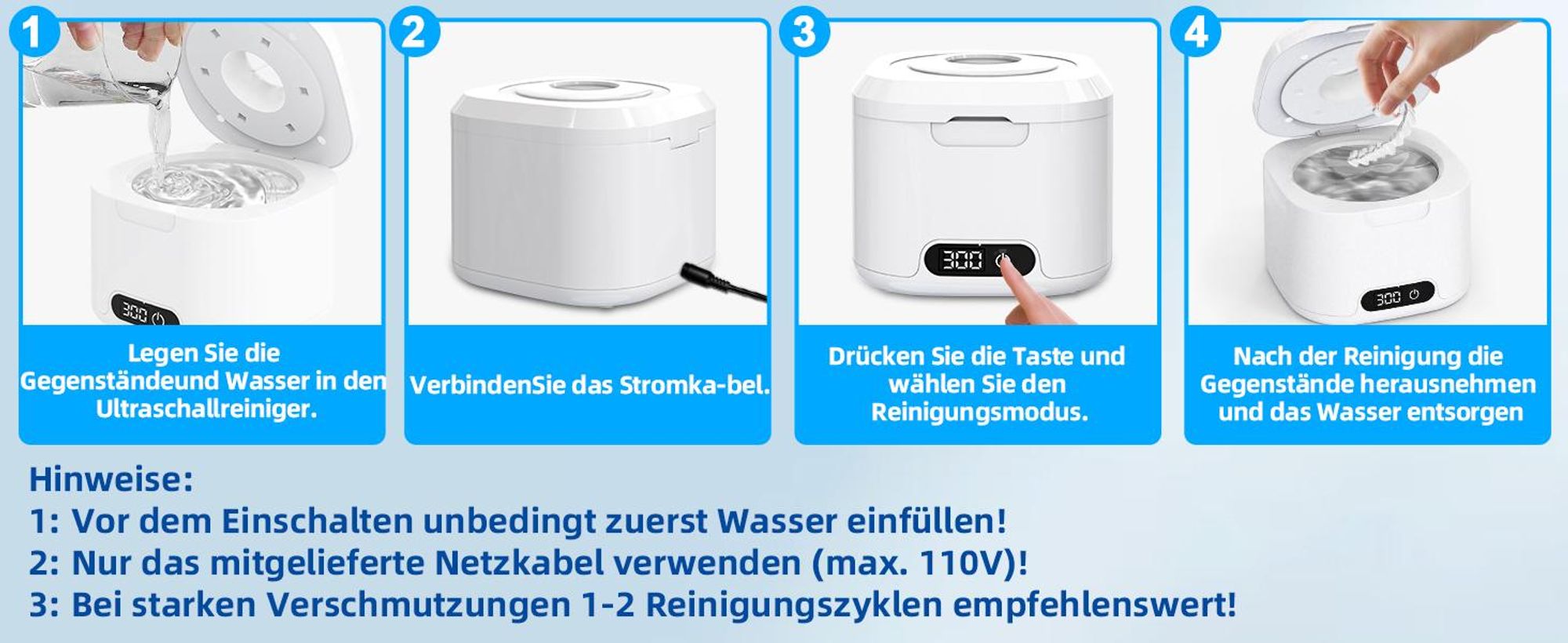 Ultraschallreiniger, Ultraschallreinigungsgerät, 50000Hz Ultrasonic Cleaner, 340ML Ultraschallgerät mit 6 UV-Licht & 4 Modes, für Zahnersatz, Retainer