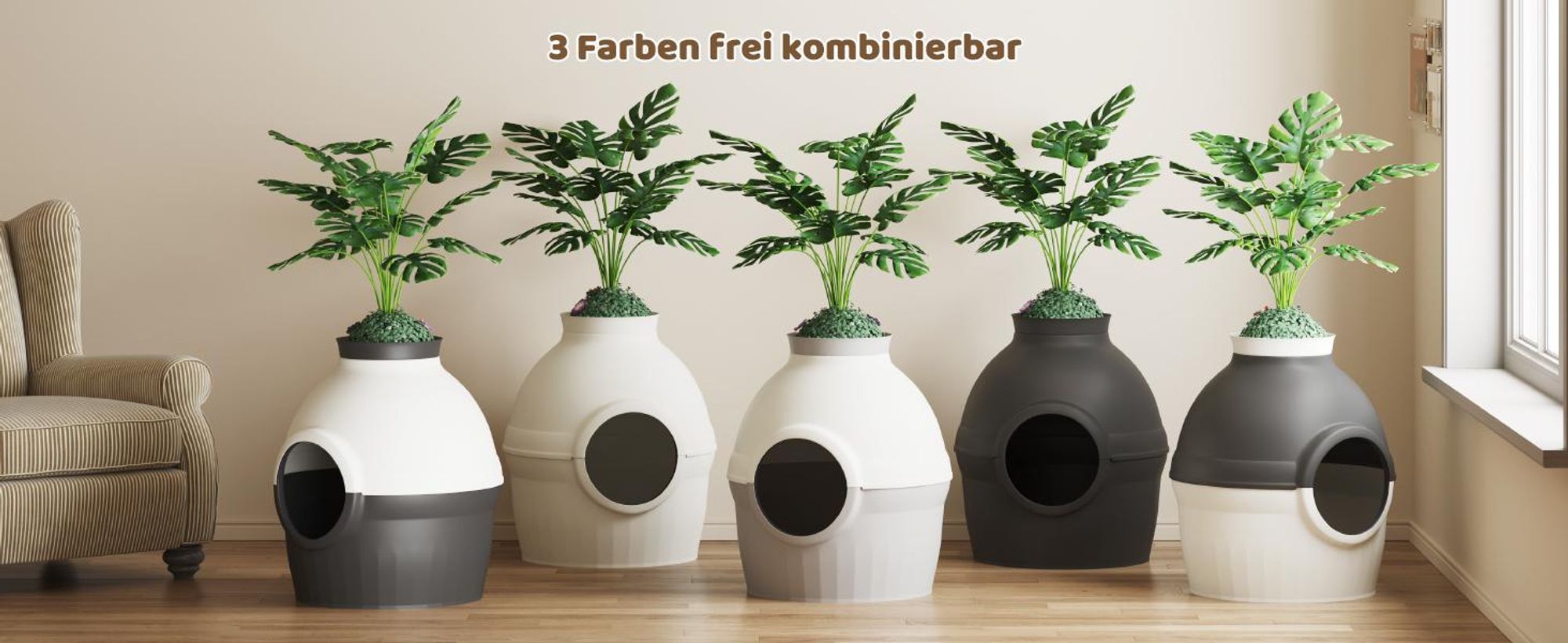 Mondeer 2-in-1 Katzentoilette & Schlafhöhle mit Deko-Pflanze, individuell gestaltbar, belüftet – inkl. Katzenangel und Schaufel Weiß