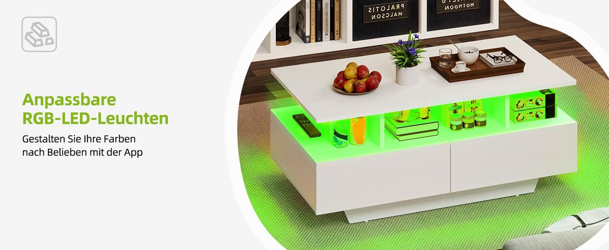 Couchtisch mit 4 Schubladen, Wohnzimmertisch, Hochglanz, mit 16-farbige LED-Beleuchtung, 90x55x41cm, Weiß