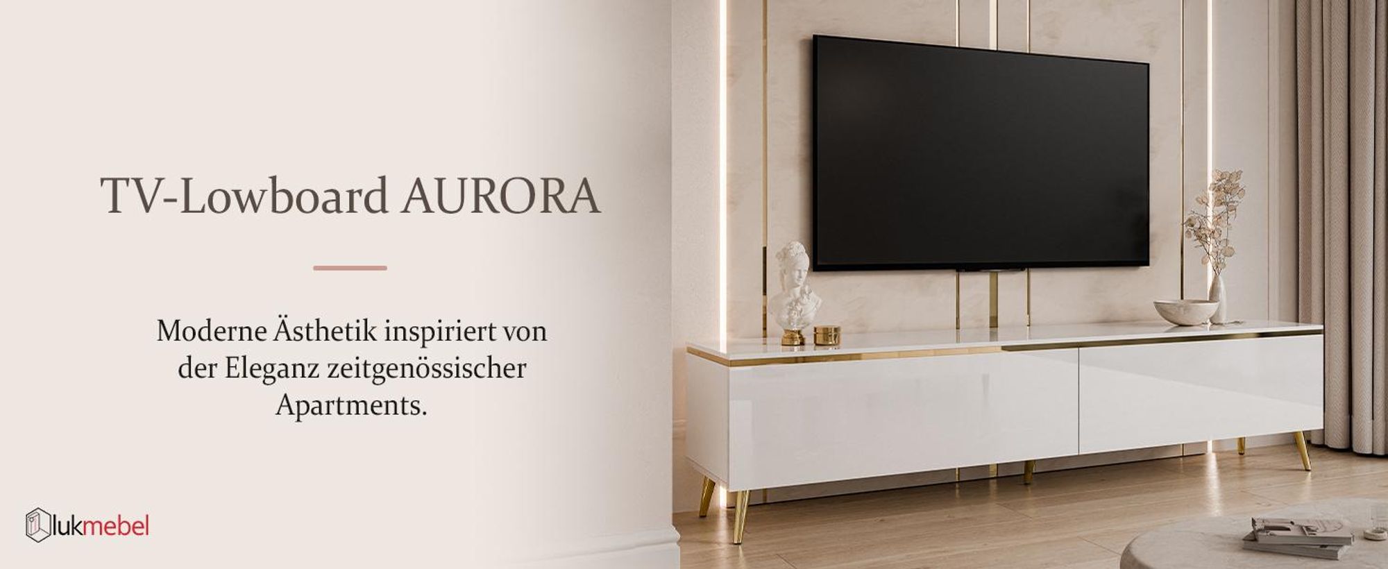 RTV Schrank AURORA auf Beinen Weiß / Weiß hochglanz schräge gold Chrom Beine