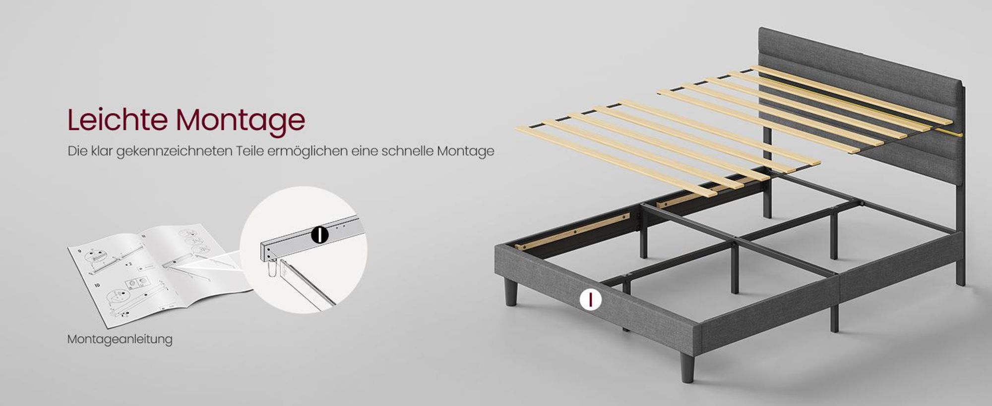 VASAGLE Doppelbettgestell, 140 x 200 cm, geräuscharm, verstellbares gepolstertes Kopfteil, Bettrahmen, robust, mehrfachgrößen-Option
