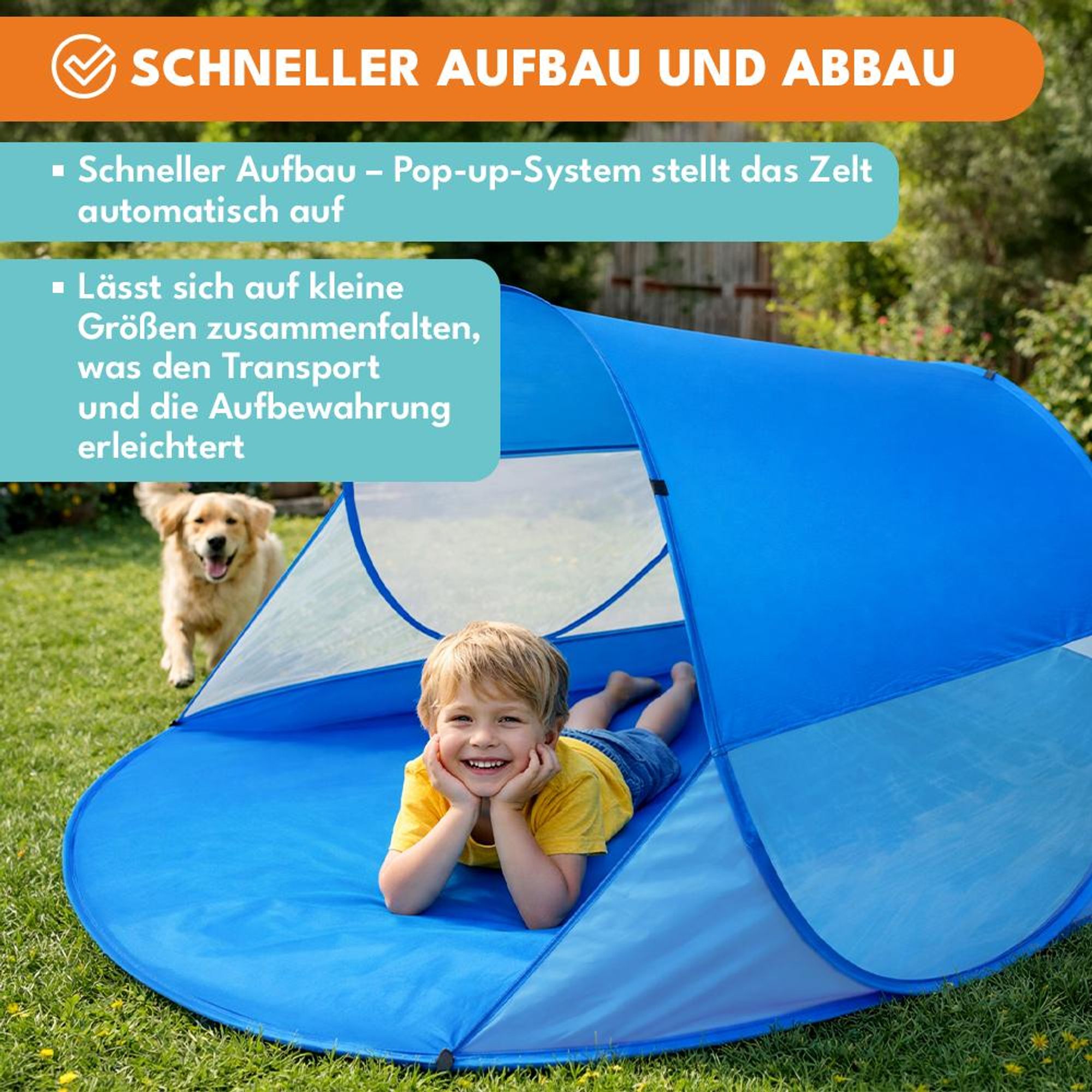 KRUMAD Strandmuschel Pop Up  200 x 120 x 85 cm, Großes Strandzelt für Baby und Erwachsene, Selbstaufbauendes Wurfzelt mit UV 50+ Sonnenschutz
