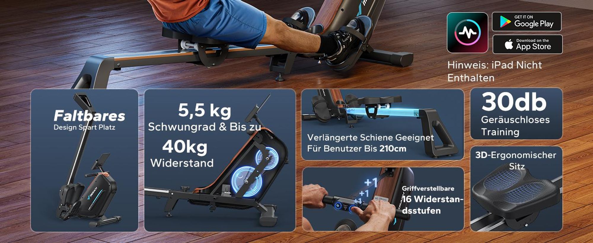 MERACH magnetisches Rudergerät – leise, 16 Stufen, LCD-Display & Bluetooth-App, verstellbare Tablet-Halterung, 160 kg, vertikal klappbar
