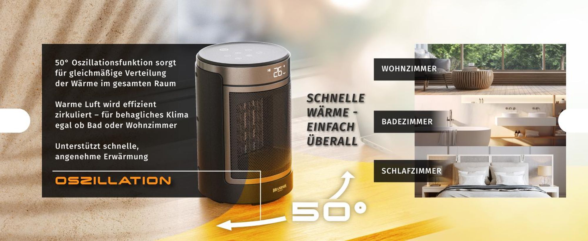 Brandson Keramik Heizlüfter 1500 W, 50° Oszillation