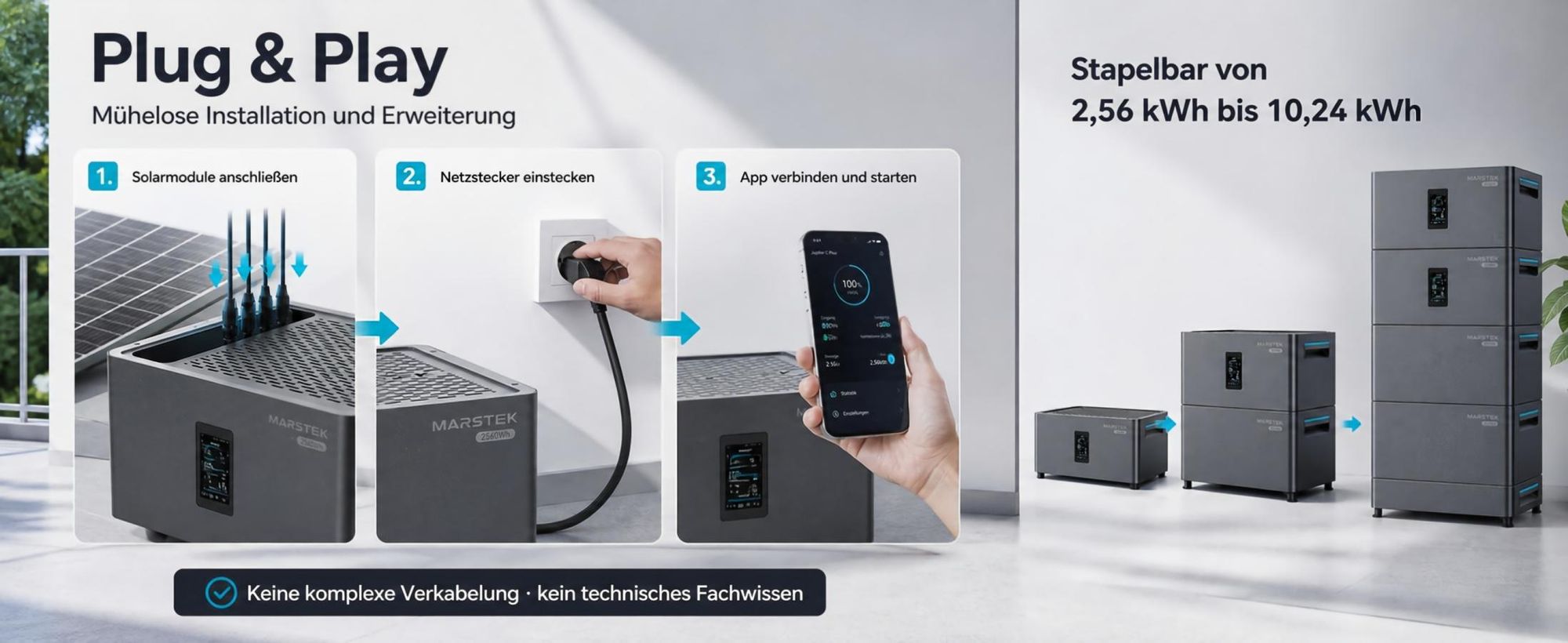 MARSTEK Jupiter C Plus 2,56kWh Balkonkraftwerk Speicher, All-in-One Solarspeicher, Plug-in Batterie, 4 MPPT, IP65