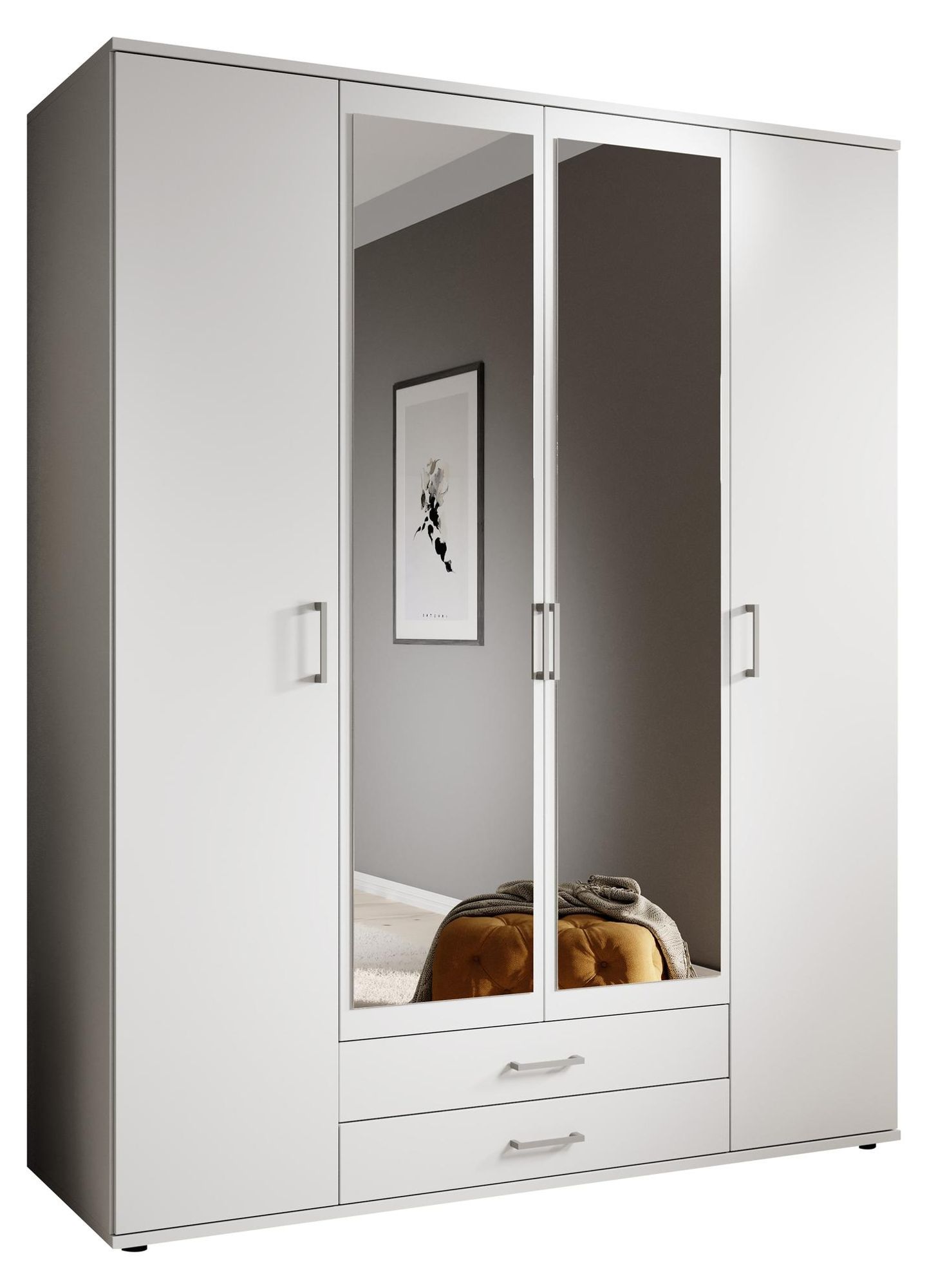 Kleiderschrank Weiß/Spiegel – moderner Schlafzimmer-Kleiderschrank mit Spiegeltüren und viel Staurau