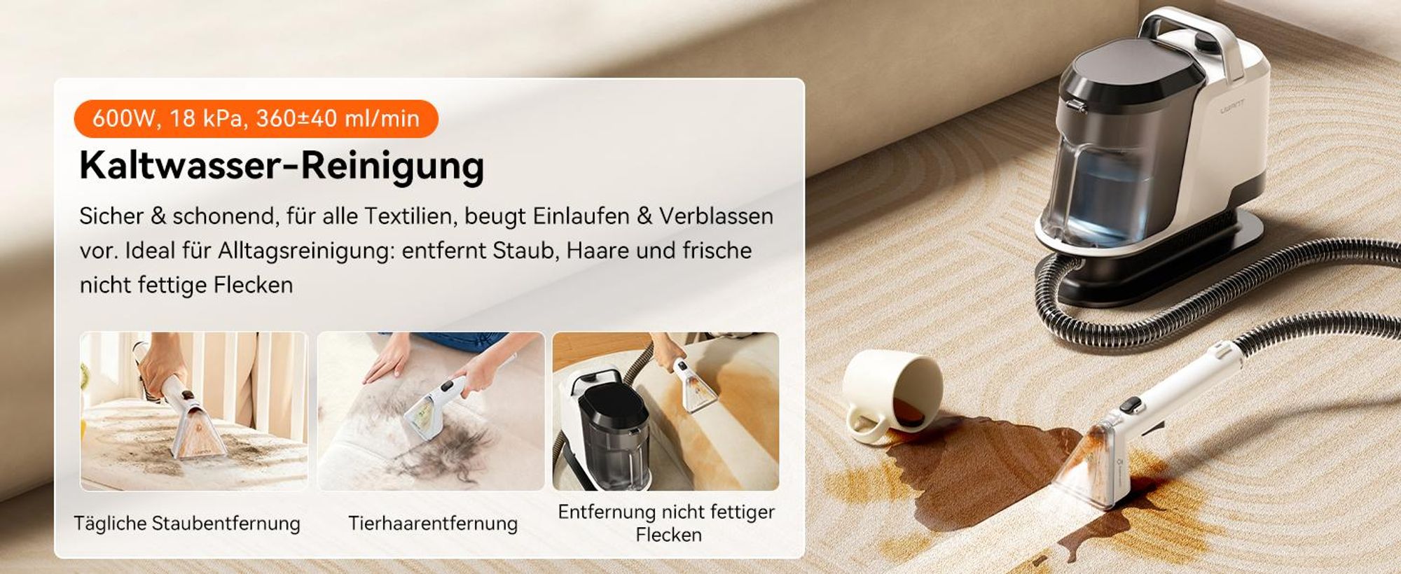 Uwant Y100 Steam Polsterreiniger Gerät, 3-in-1 Dampfreiniger für Sofa, Teppich und Auto mit 18KPA, 1750W Heißdampf, 65°C Heißwasser,Kaltwasser