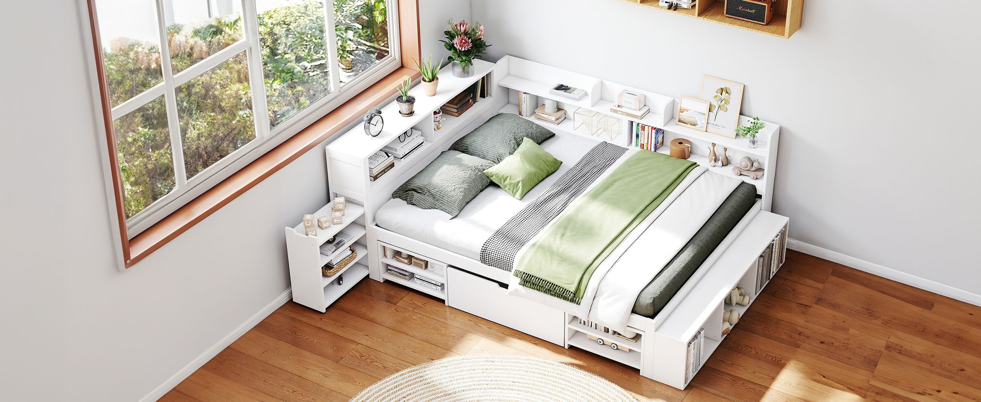 MODFU Schlafsofas Jugendbett 90x200cm, Holzbett  mit Schubladen und Lattenrost, Kinderbett mit Bücherregal und Stauschrank, großer Stauraum, weiß