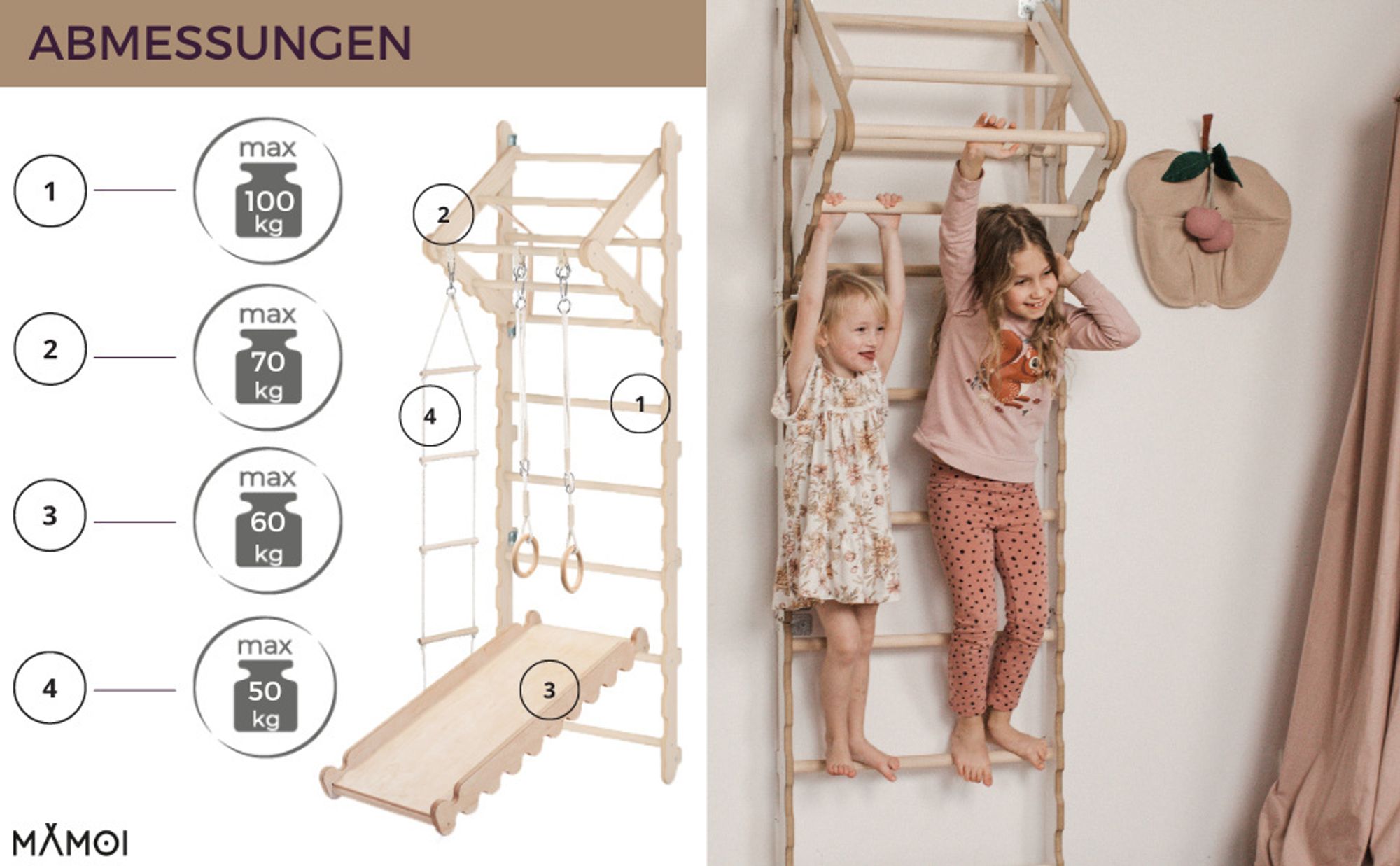 MAMOI® Klettergerüst Indoor, Sprossenwand für kinderzimmer, Turnringe kinder für klettern, Kletterwand und spielgeräte, Turngeräte mit Klimmzugstange