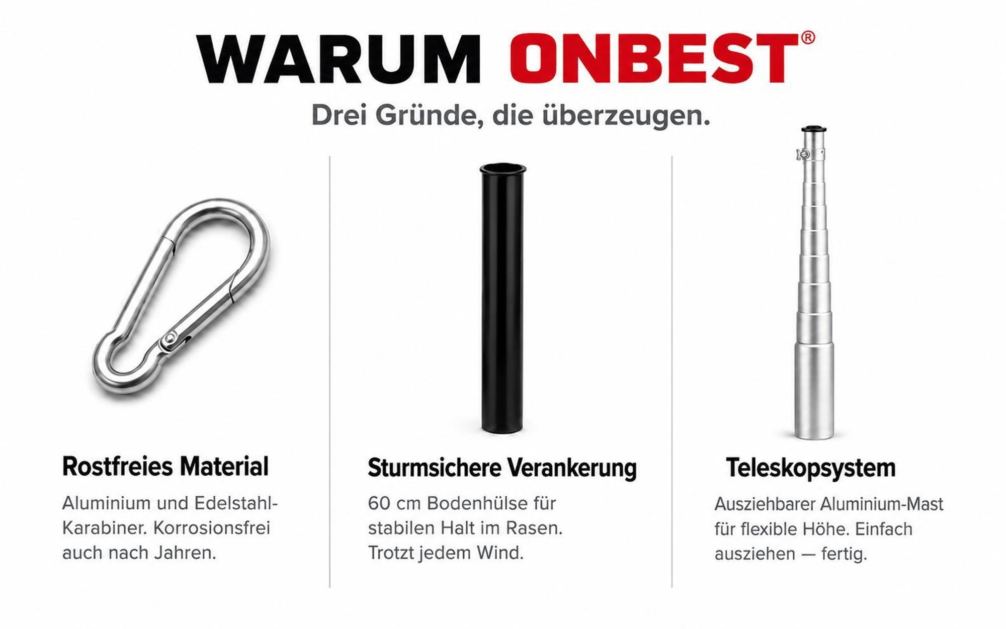 ONBEST Fahnenmast | mit Bodenhülse und Karabiner | 6,2 m | inklusive Deutschlandfahne | Partyfahne