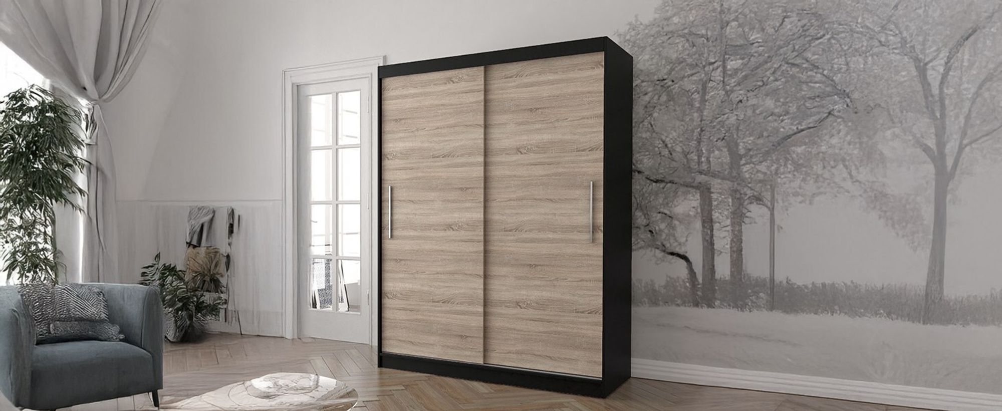 Schwebetürenschrank Kleiderschrank Schrank Garderobe Vista 04 (Schwarz/Sonoma) 150cm