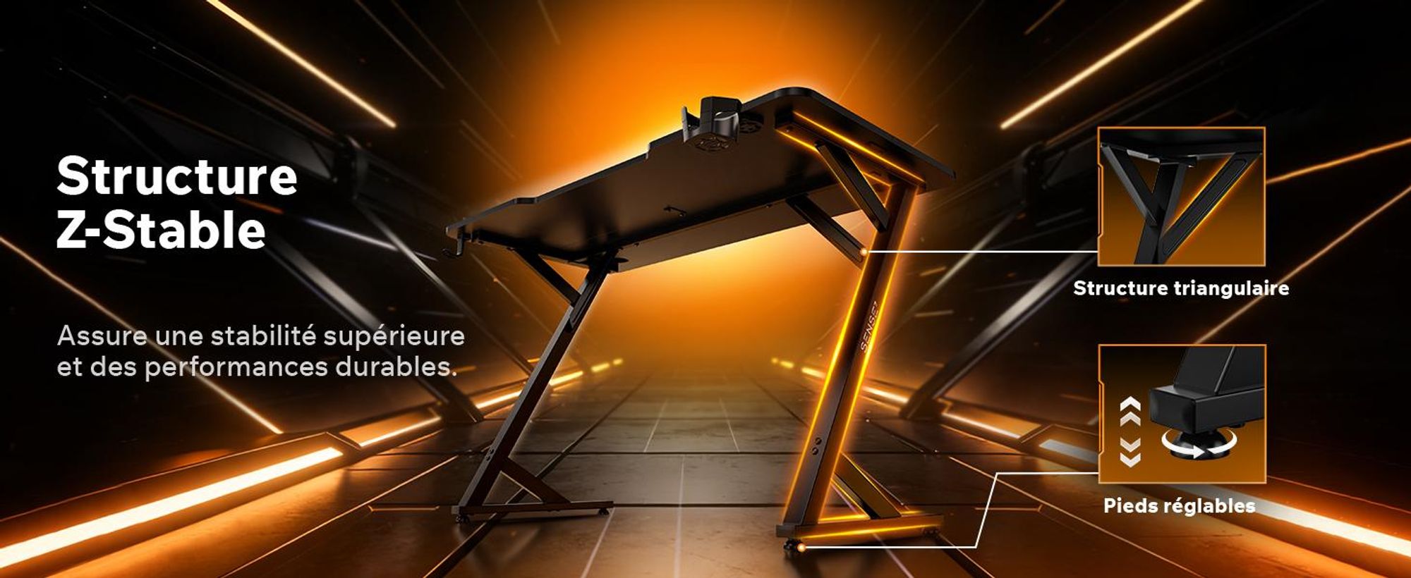 Bureau de jeu Sense7 VAMO, 100x50 cm, noir. Bureau d'ordinateur compact, style carbone, en forme de Z, avec porte-boissons. Idéal pour le gaming, le télétravail et le bureau à domicile
