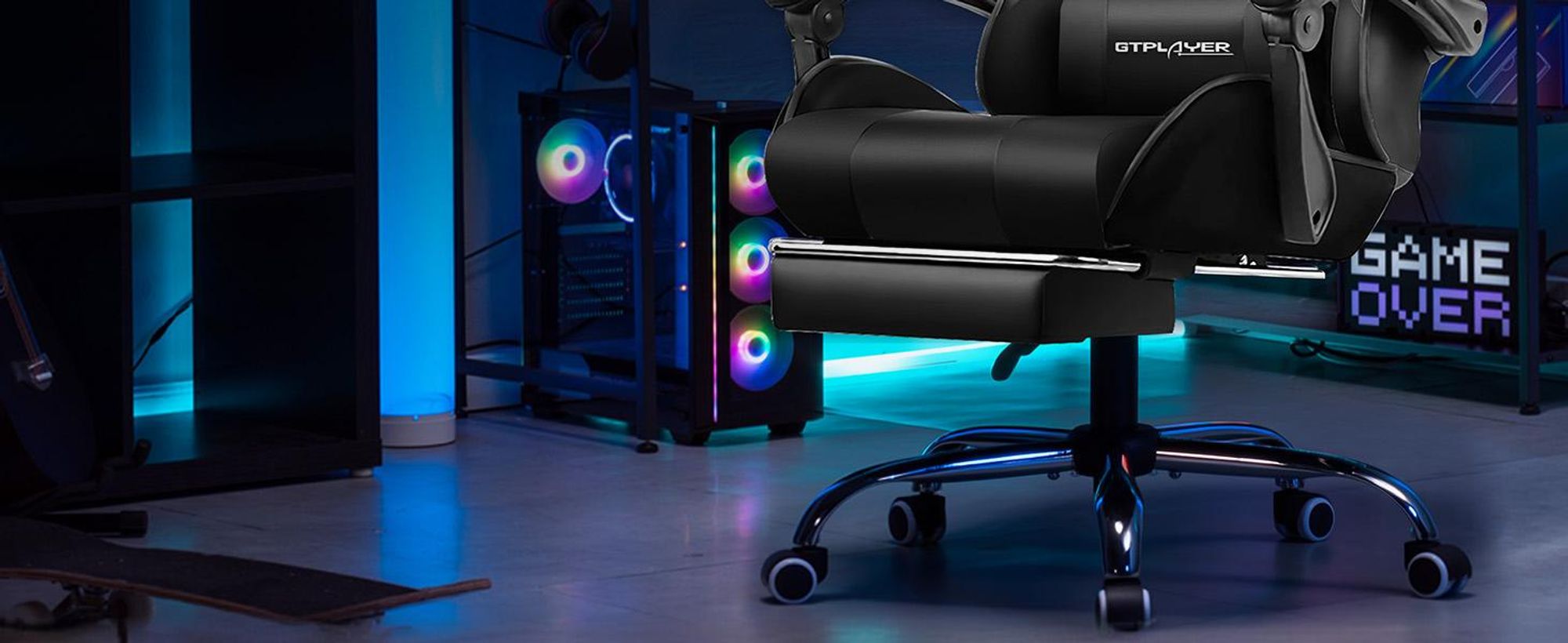 GTPLAYER Fotel biurowy Fotel do gier Fotel do gier z masażem Ergonomiczny fotel do gier z podnóżkiem, zagłówkiem i poduszką lędźwiową do masażu, tapicerowany fotel do gier, fotel obrotowy