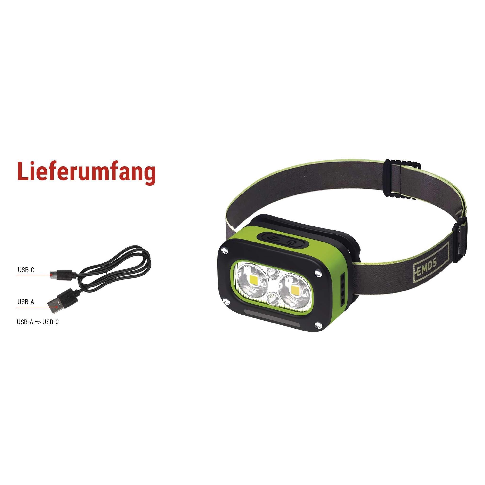 EMOS aufladbare Stirnlampe mit Bewegungssensor und 5 Lichtmodi, 175lm / 50m / 4,5 h, stoßbeständig, Li-pol Akku 800mAh, Outdoor, schwarz/grün, P3545