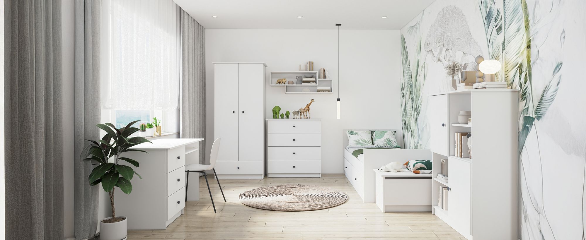 Kommode Sideboards Highboard für das Kinderzimmer 95 cm Weiß/Weiß mit vier Schubladen und graue Griffe Olaf 02