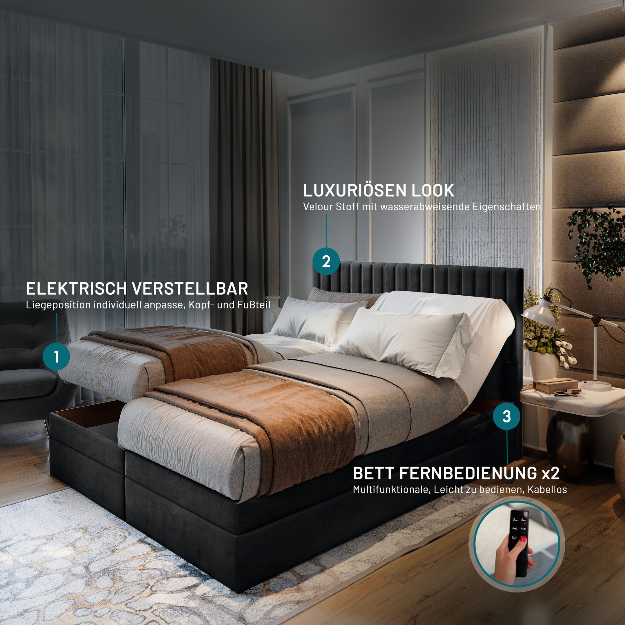 TRADA Adele Boxspringbett 200x200 Elektrisch verstellbar Taschenfederkern Doppelmatratze 9 Zonen Topper Bett mit Bettkasten Velour Stoff Schwarz