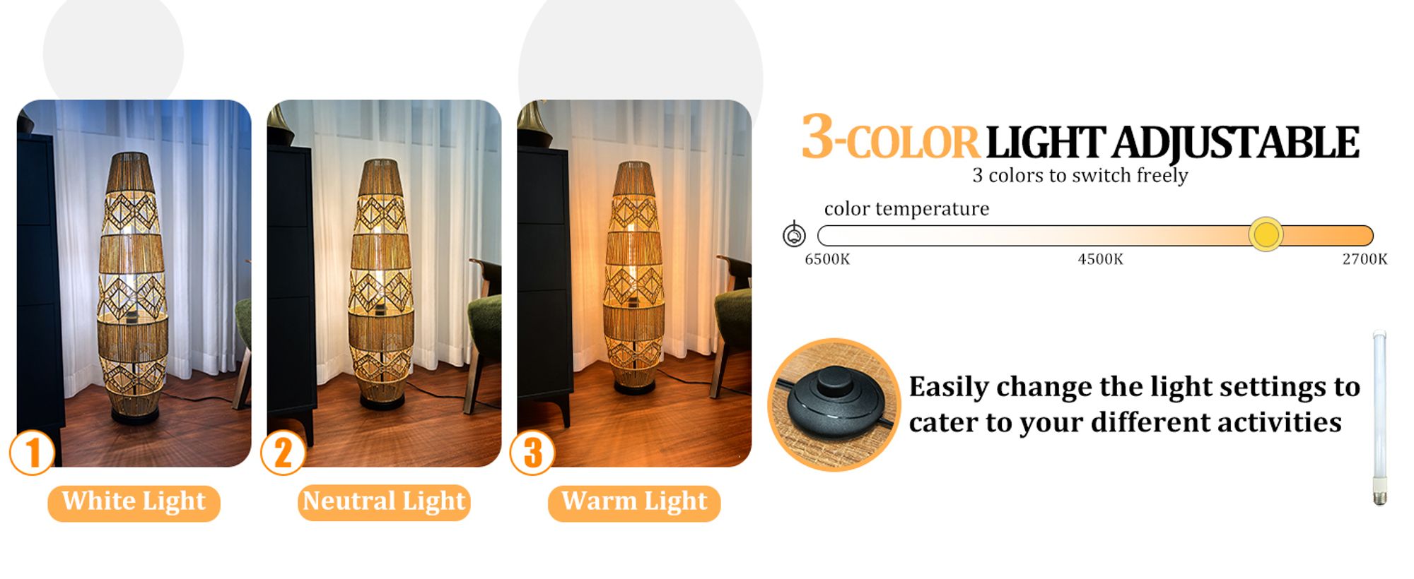 WISFOR Stehlampe Stehleuchte Vintage Bodenleuchte Rattan Boho Stehlampe Fußschalter 3 Lichtfarbe Standleuchte Standlampe 2700k/4500k/6500k 1400lm 35m²