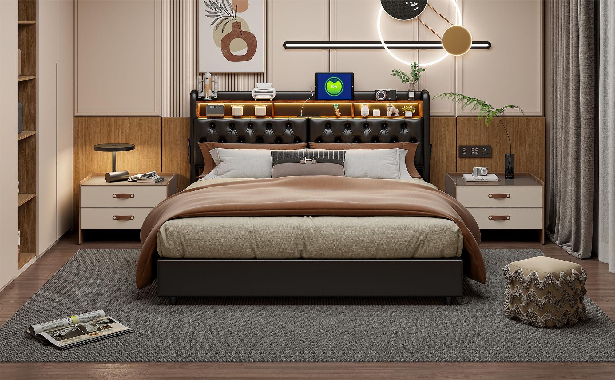 INONEFT Boxspringbett 180×200 mit USB Ladefunktion,Polsterbett Jugendbett mit LED,Hydraulisches Doppelbett,Stauraumbett, PU, Schwarz.