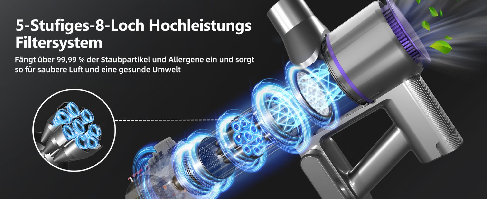 Portreen Akku Staubsauger,HEPAx4, 40000Pa Staubsauger kabellos,50 Min,Haushalte mit Haustieren ,kabelloser Staubsauger,Anti-Tangle-Staubsauger