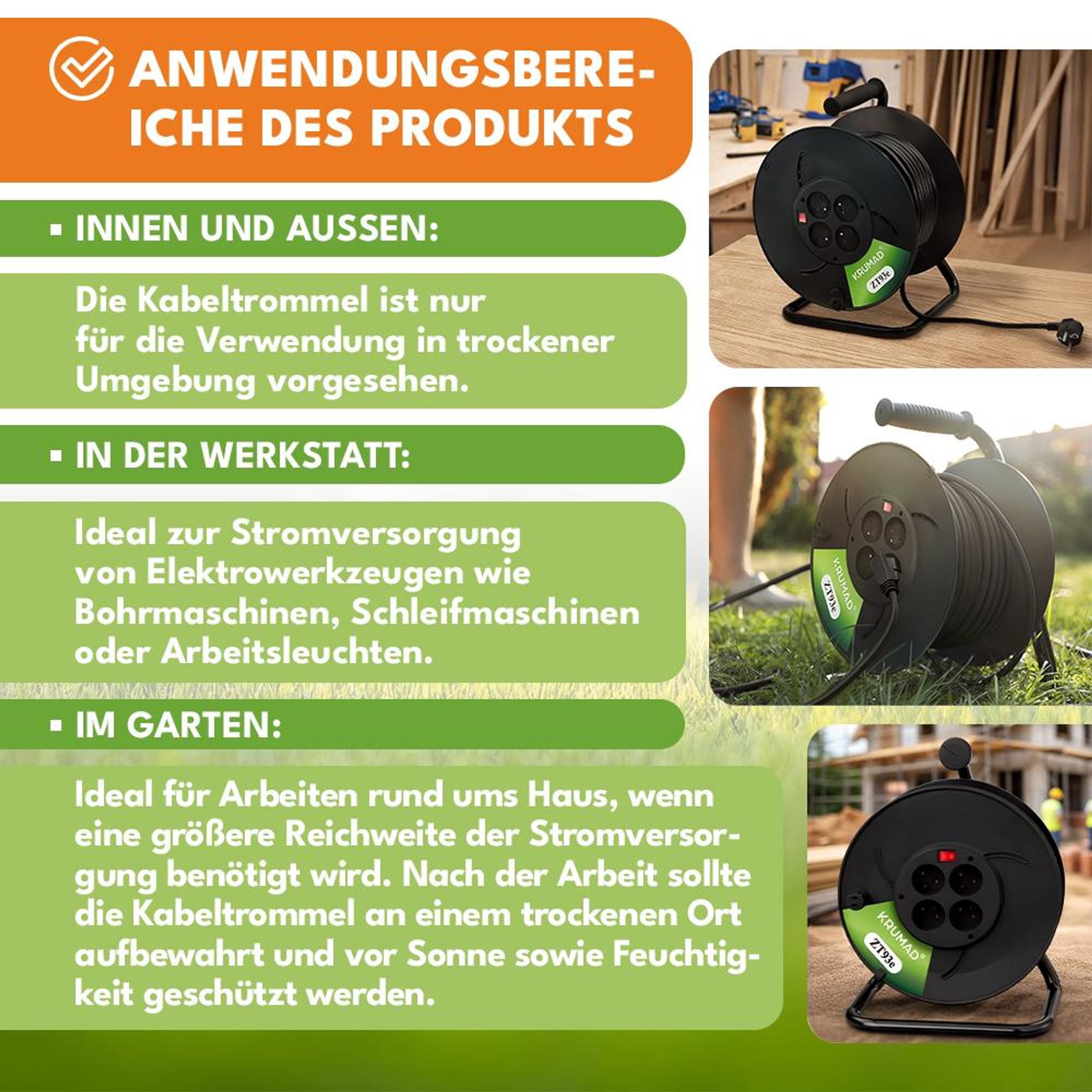 KRUMAD Kabeltrommel 50m mit 4 Schutzkontaktsteckdosen, 2000W max, robust & wetterfest für Außen, Werkstatt & Baustellen, 3x1mm², Schwarz