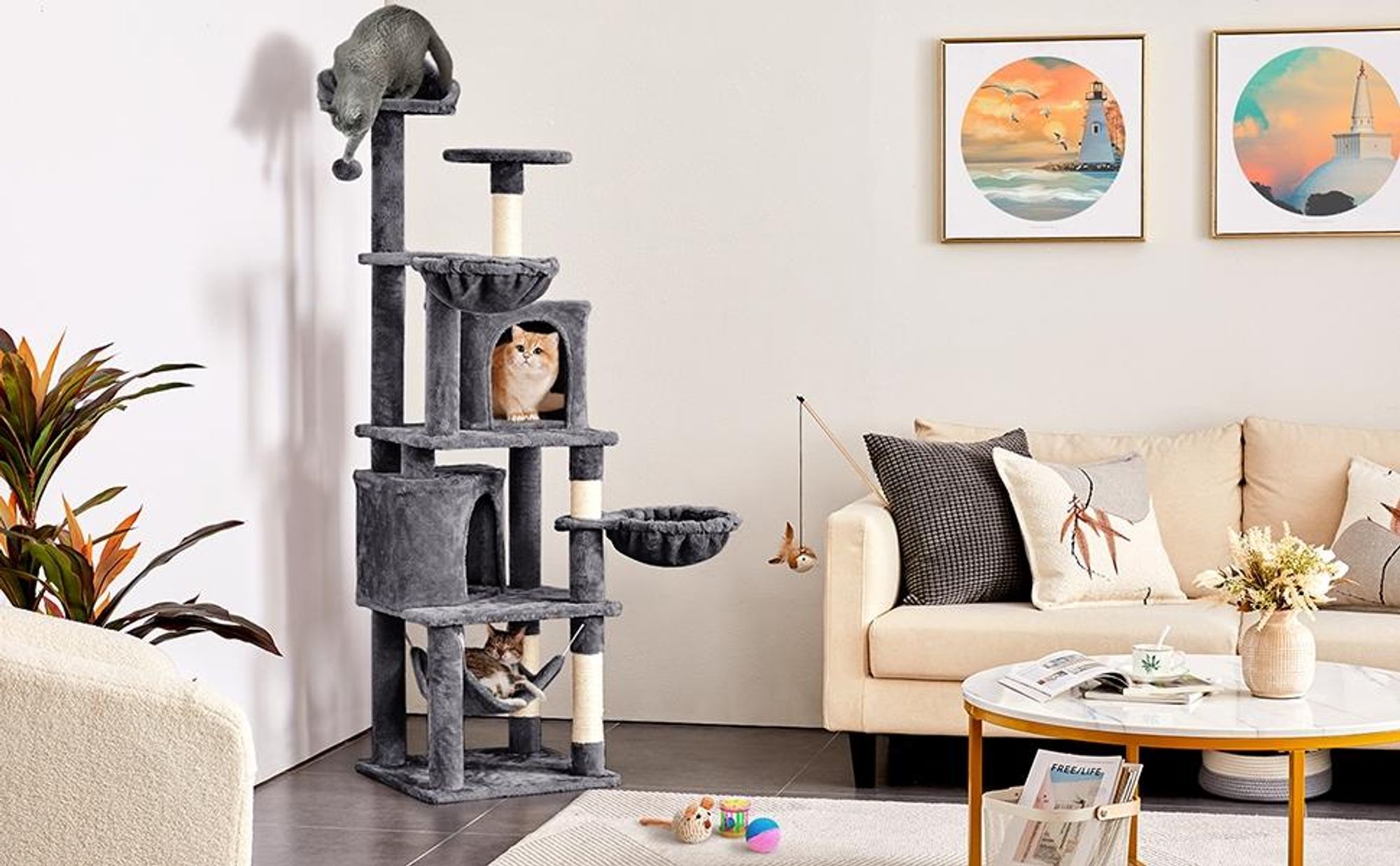 Yaheetech Kratzbaum 175 cm hoch, mit Sisal-Säulen, Plattformen, Korb, Hängematte, Plüschball, für 3-4 Katzen, Dunkelgrau