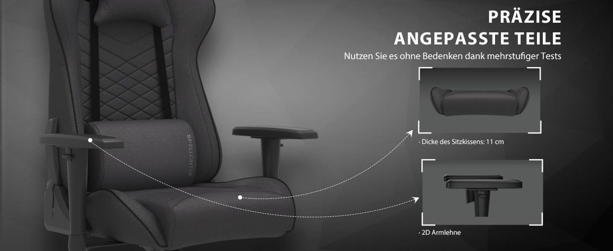 SENSE7 Spellcaster Gaming Stuhl Stoff Schwarz-Grau - Ergonomischer Bürostuhl PC Schreibtischstuhl Zockerstuhl 150kg 2D-Armlehnen 160° Chefsessel
